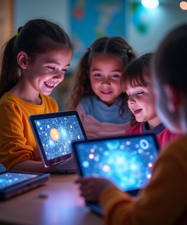 Niños de primaria explorando astronomía con tablets y realidad aumentada