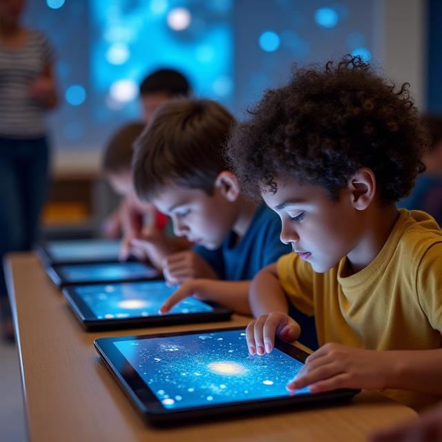Jóvenes estudiantes aprendiendo astronomía con tablets en aula interactiva